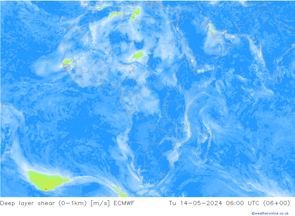 Deep layer shear (0-1km) ECMWF Tu 14.05.2024 06 UTC