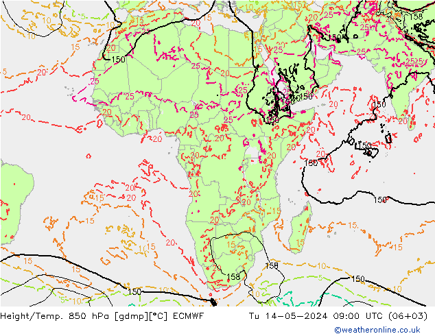 Height/Temp. 850 hPa ECMWF Út 14.05.2024 09 UTC