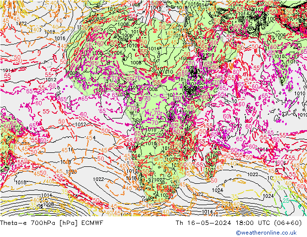 Theta-e 700hPa ECMWF gio 16.05.2024 18 UTC