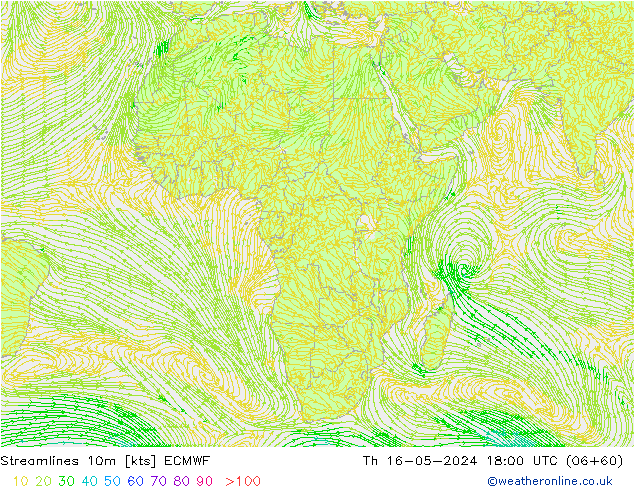 Linea di flusso 10m ECMWF gio 16.05.2024 18 UTC