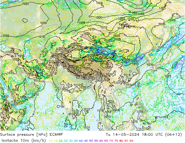 Izotacha (km/godz) ECMWF wto. 14.05.2024 18 UTC