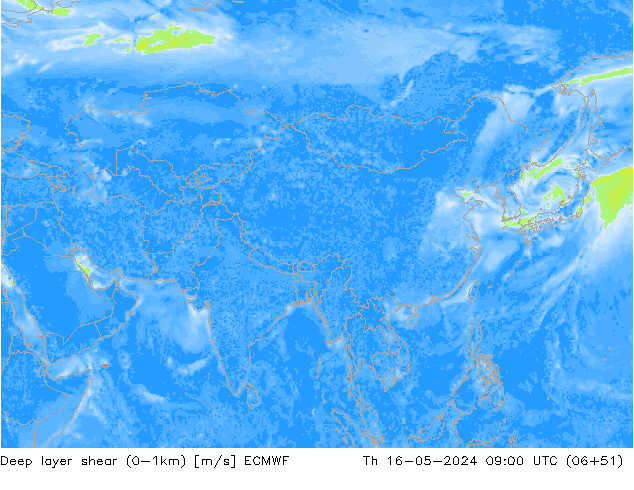 Deep layer shear (0-1km) ECMWF Qui 16.05.2024 09 UTC