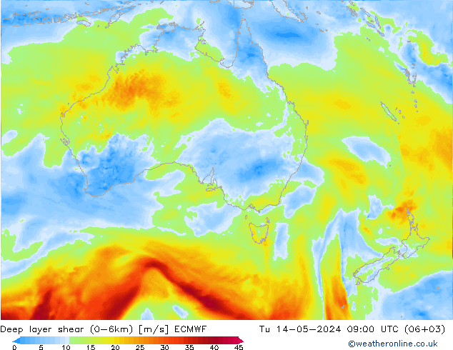 Deep layer shear (0-6km) ECMWF mar 14.05.2024 09 UTC