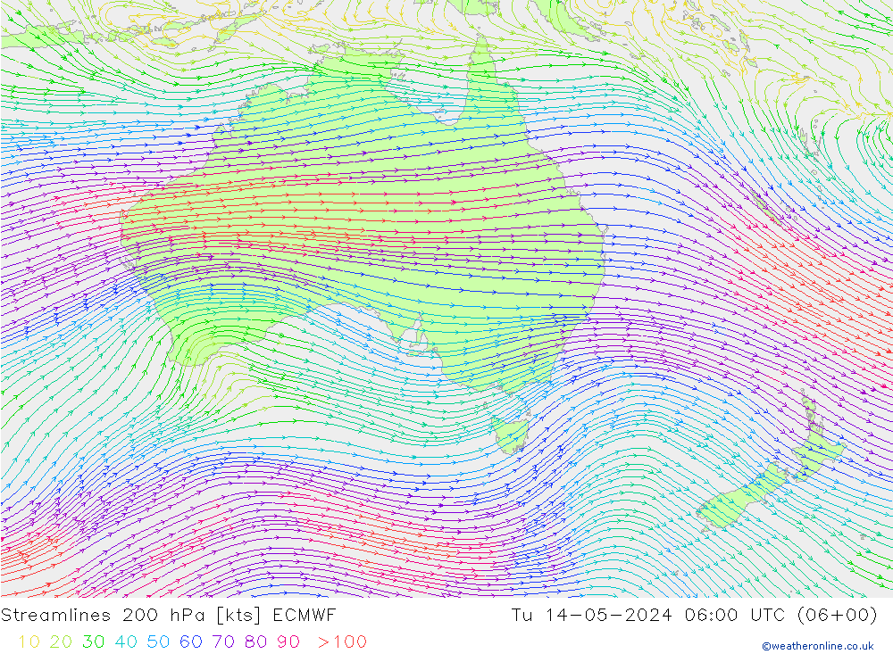 Linha de corrente 200 hPa ECMWF Ter 14.05.2024 06 UTC