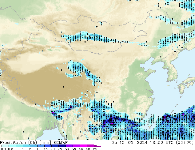 降水量 (6h) ECMWF 星期六 18.05.2024 00 UTC