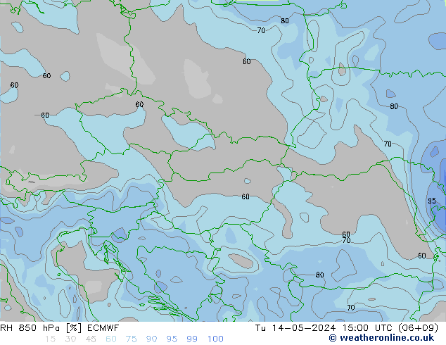 Humidité rel. 850 hPa ECMWF mar 14.05.2024 15 UTC
