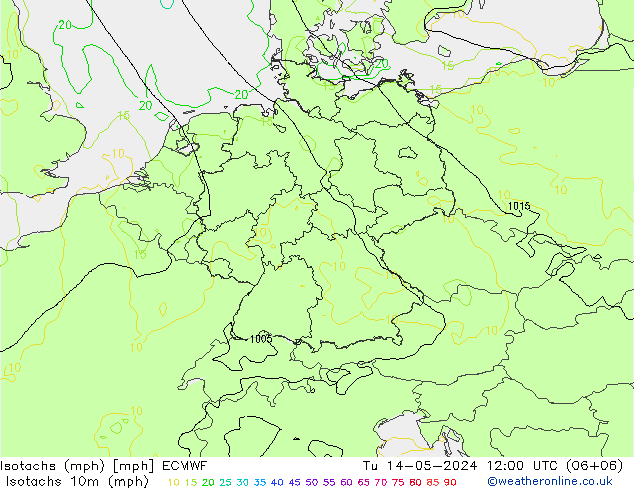 Isotachs (mph) ECMWF 星期二 14.05.2024 12 UTC
