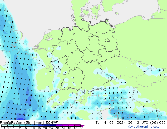 Precipitation (6h) ECMWF Tu 14.05.2024 12 UTC