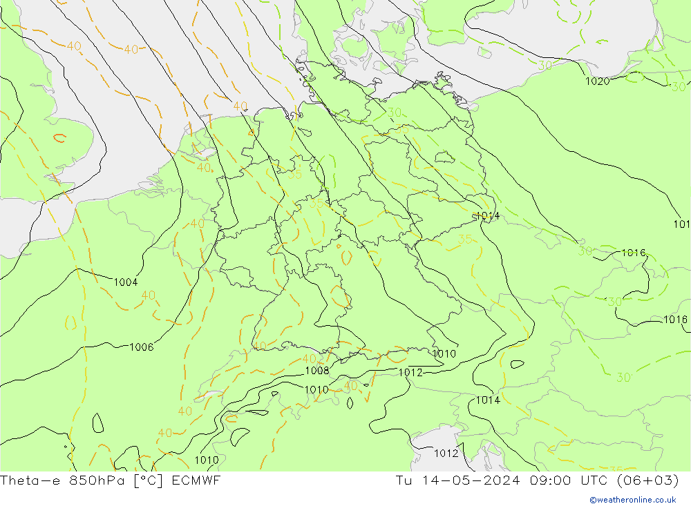 Theta-e 850hPa ECMWF 星期二 14.05.2024 09 UTC