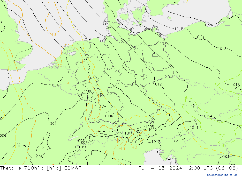 Theta-e 700hPa ECMWF 星期二 14.05.2024 12 UTC