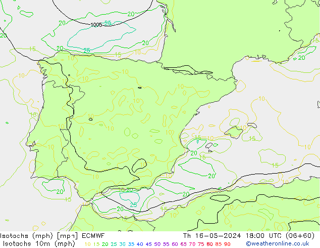 Isotachen (mph) ECMWF do 16.05.2024 18 UTC