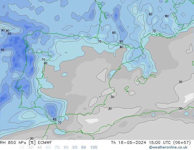 Humidité rel. 850 hPa ECMWF jeu 16.05.2024 15 UTC