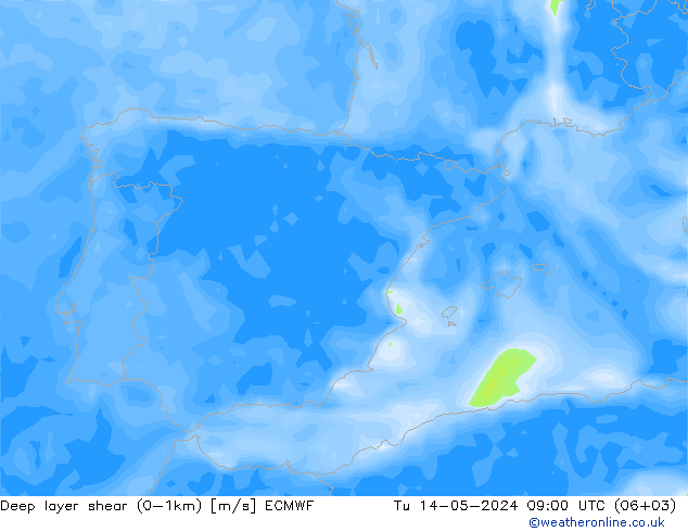 Deep layer shear (0-1km) ECMWF mar 14.05.2024 09 UTC