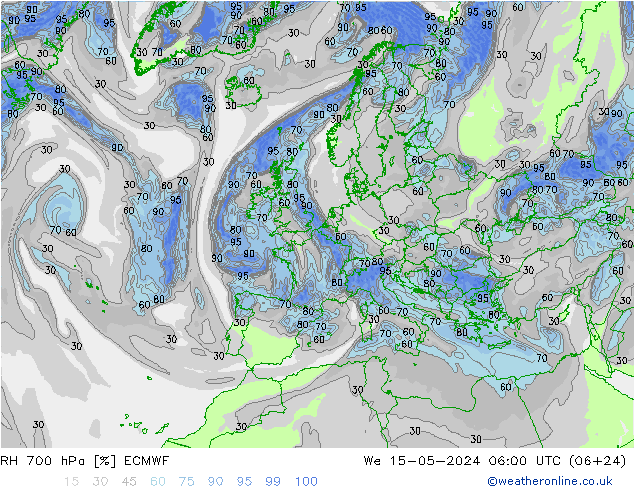 RH 700 гПа ECMWF ср 15.05.2024 06 UTC