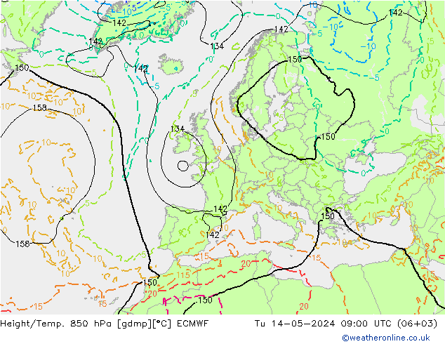 Hoogte/Temp. 850 hPa ECMWF di 14.05.2024 09 UTC