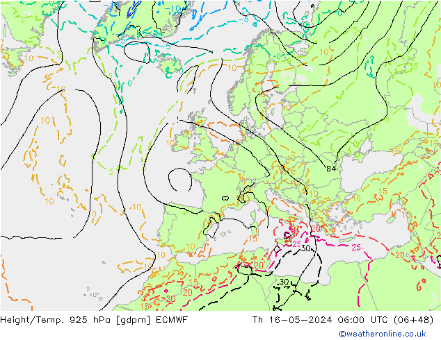 Height/Temp. 925 hPa ECMWF Do 16.05.2024 06 UTC
