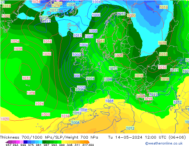 Thck 700-1000 hPa ECMWF Tu 14.05.2024 12 UTC