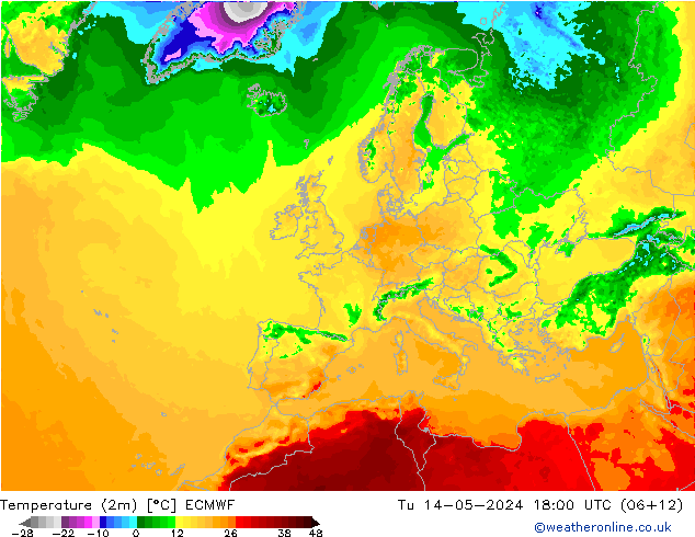 Temperature (2m) ECMWF Tu 14.05.2024 18 UTC