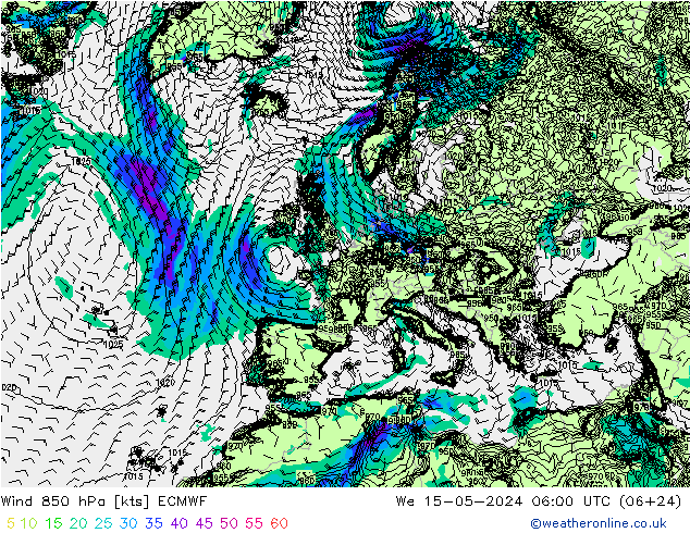Wind 850 hPa ECMWF Mi 15.05.2024 06 UTC