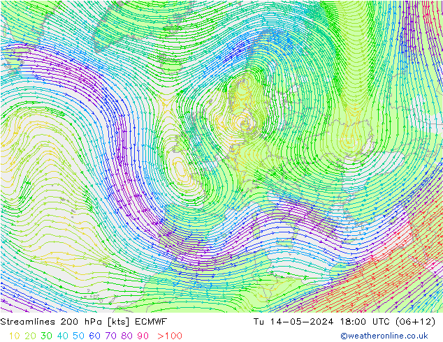 Linea di flusso 200 hPa ECMWF mar 14.05.2024 18 UTC