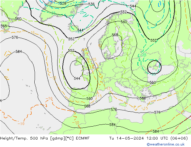 Z500/Rain (+SLP)/Z850 ECMWF wto. 14.05.2024 12 UTC