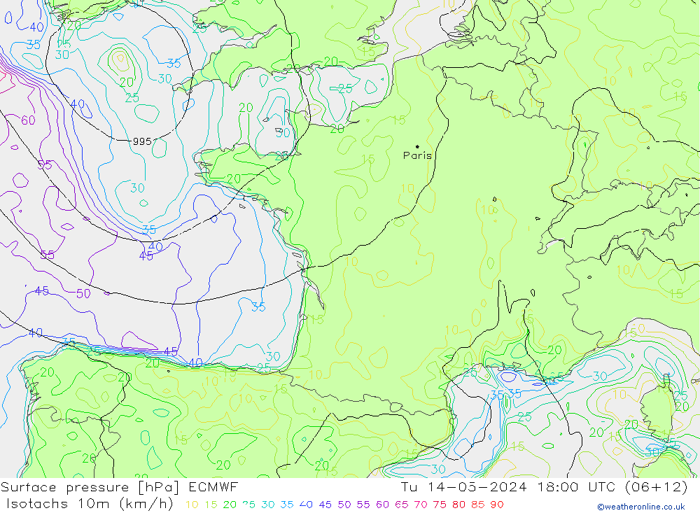 Eşrüzgar Hızları (km/sa) ECMWF Sa 14.05.2024 18 UTC