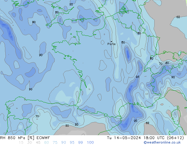 Humedad rel. 850hPa ECMWF mar 14.05.2024 18 UTC