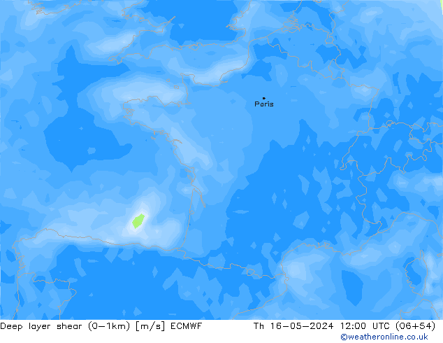 Deep layer shear (0-1km) ECMWF Th 16.05.2024 12 UTC