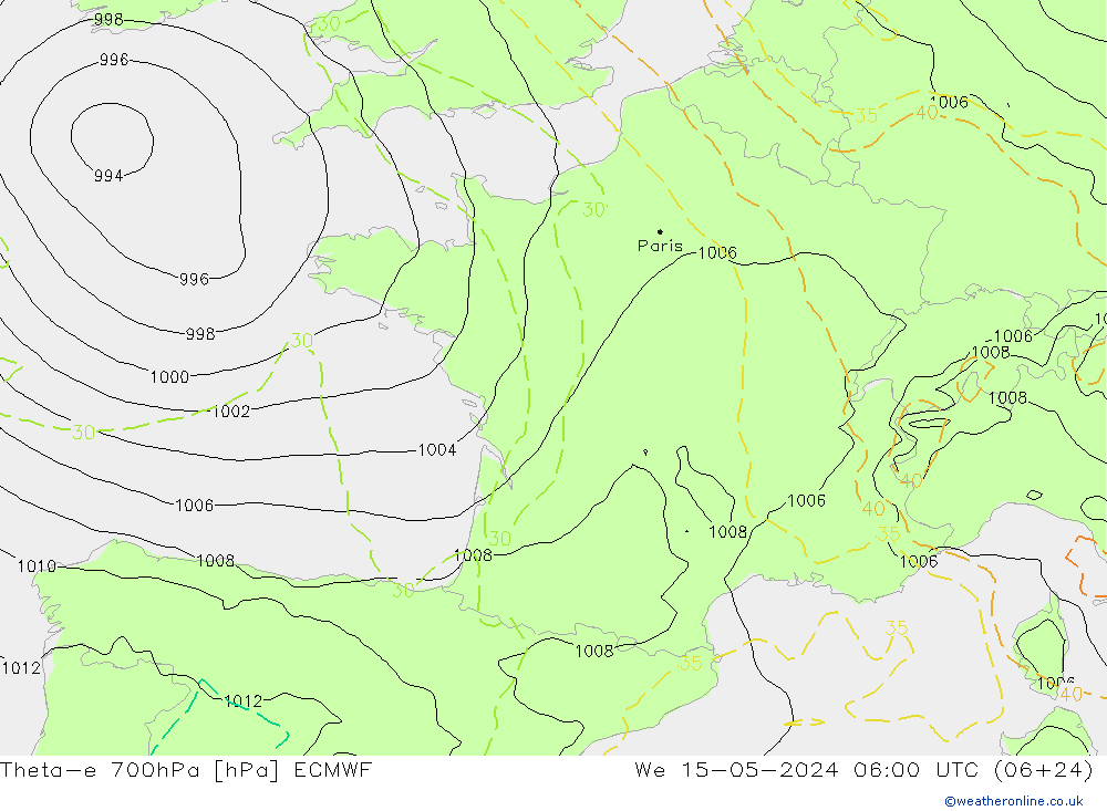 Theta-e 700hPa ECMWF Mi 15.05.2024 06 UTC