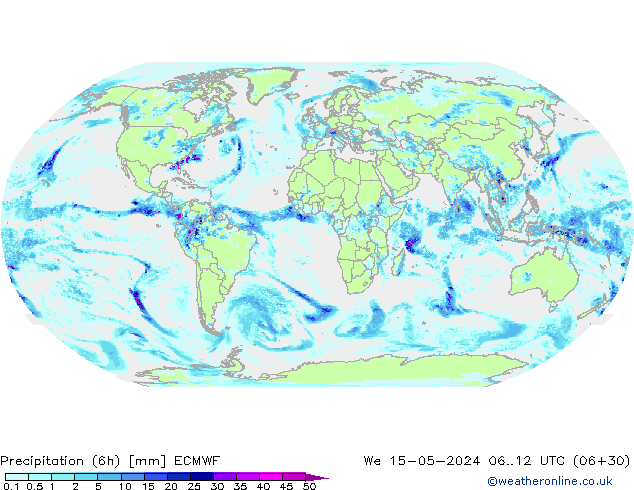 Totale neerslag (6h) ECMWF wo 15.05.2024 12 UTC