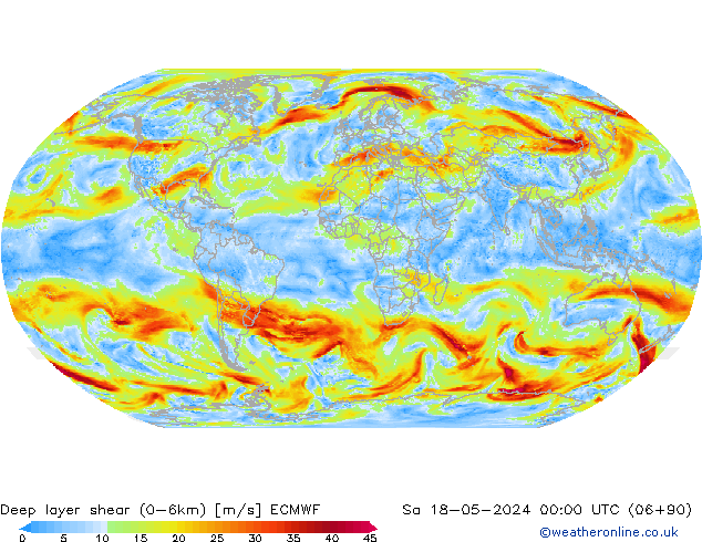 Deep layer shear (0-6km) ECMWF Sa 18.05.2024 00 UTC