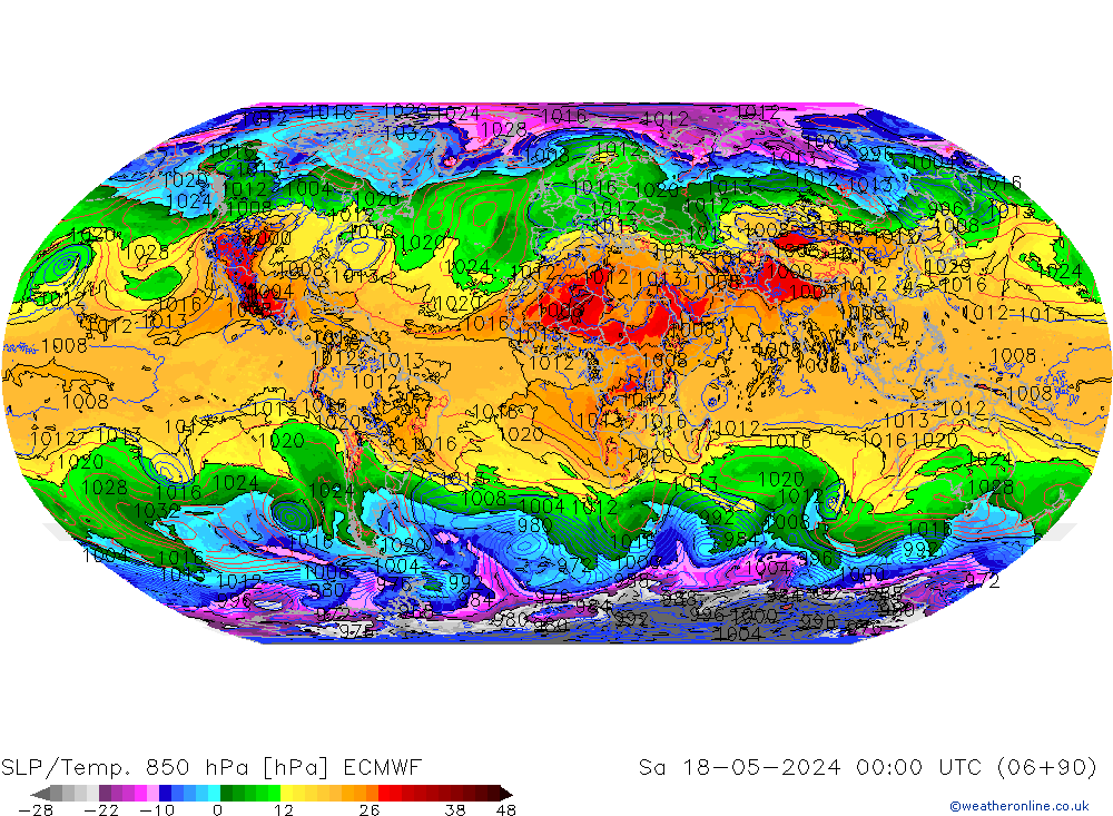 SLP/Temp. 850 hPa ECMWF so. 18.05.2024 00 UTC