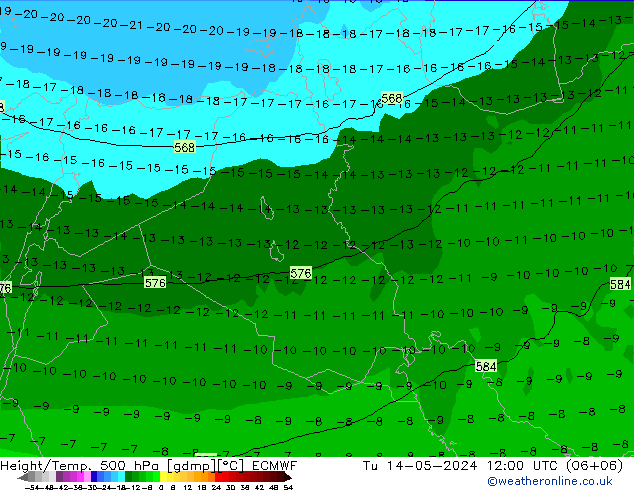 Hoogte/Temp. 500 hPa ECMWF di 14.05.2024 12 UTC