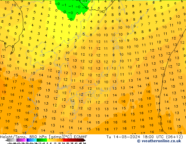 Height/Temp. 850 гПа ECMWF вт 14.05.2024 18 UTC