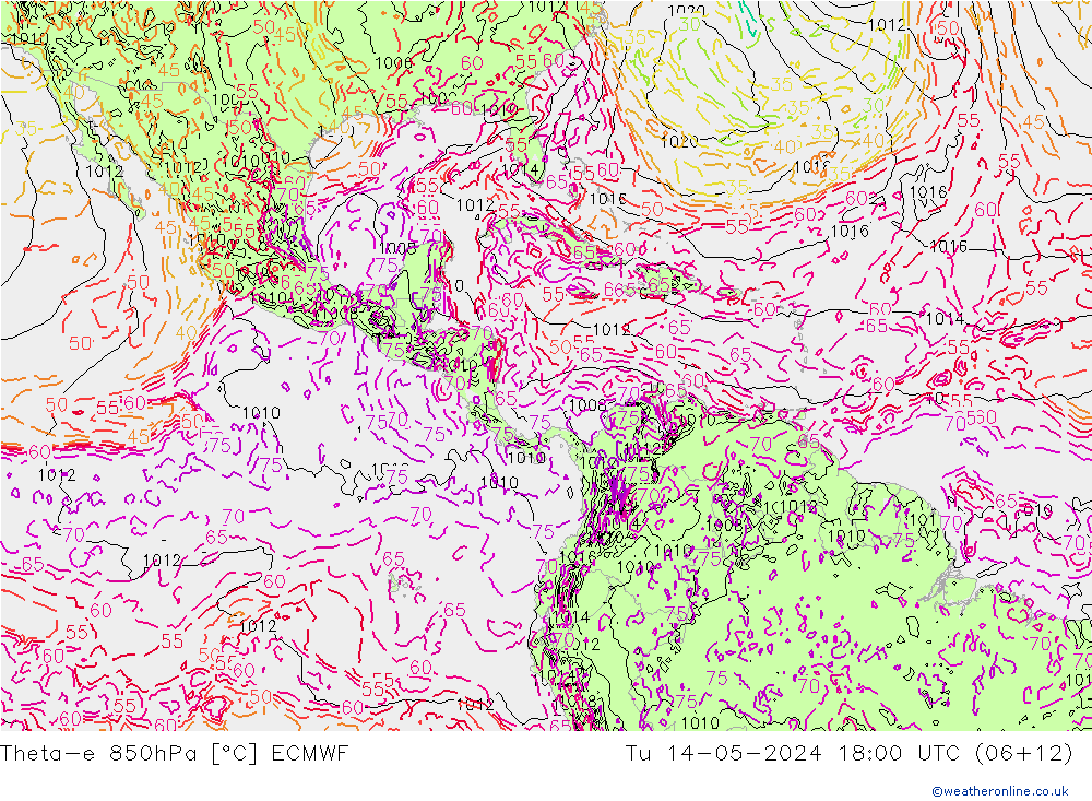 Theta-e 850hPa ECMWF Tu 14.05.2024 18 UTC