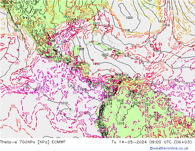 Theta-e 700hPa ECMWF Ter 14.05.2024 09 UTC