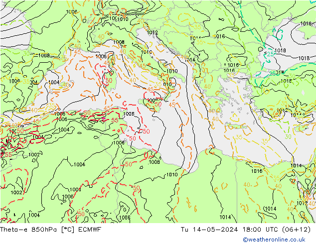Theta-e 850hPa ECMWF Sa 14.05.2024 18 UTC