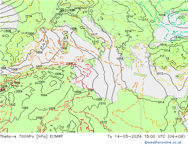 Theta-e 700гПа ECMWF вт 14.05.2024 15 UTC