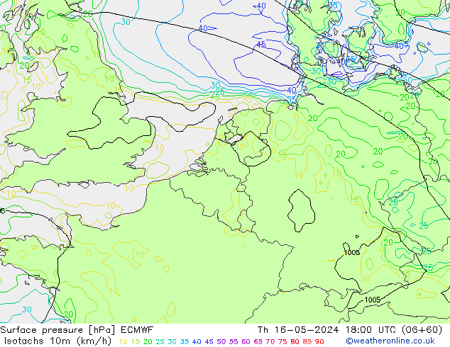 Isotachs (kph) ECMWF Čt 16.05.2024 18 UTC
