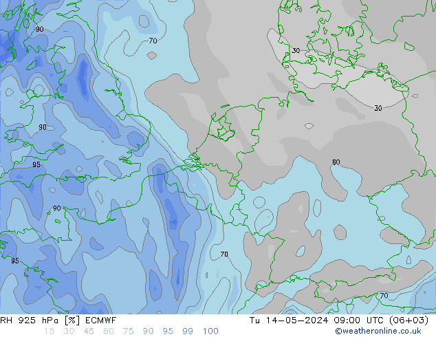 Humedad rel. 925hPa ECMWF mar 14.05.2024 09 UTC
