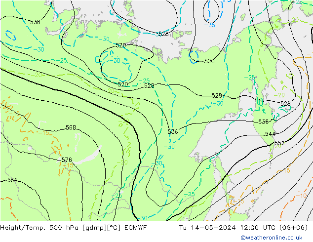 Z500/Rain (+SLP)/Z850 ECMWF Út 14.05.2024 12 UTC