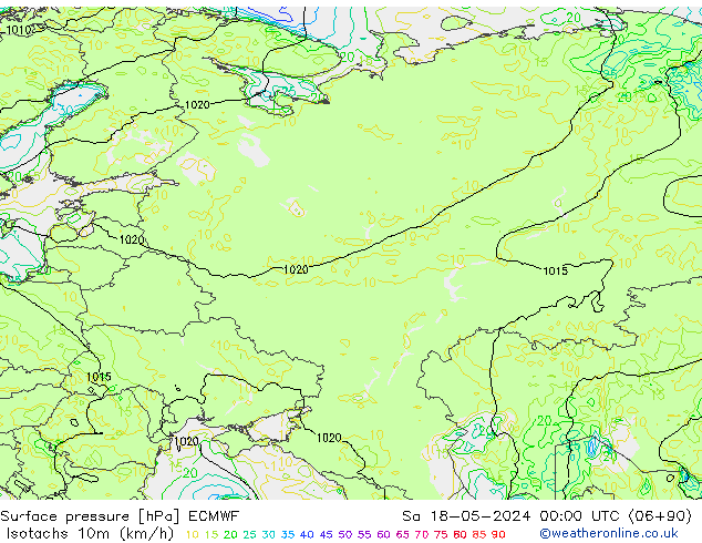Isotachs (kph) ECMWF sam 18.05.2024 00 UTC