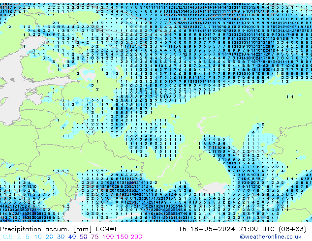 Precipitación acum. ECMWF jue 16.05.2024 21 UTC