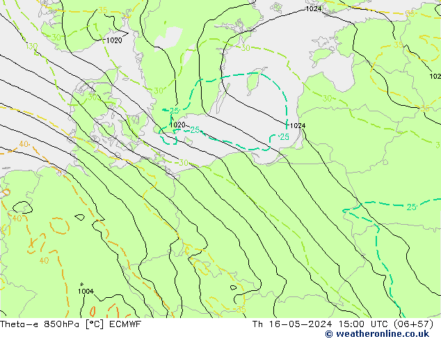 Theta-e 850hPa ECMWF Čt 16.05.2024 15 UTC