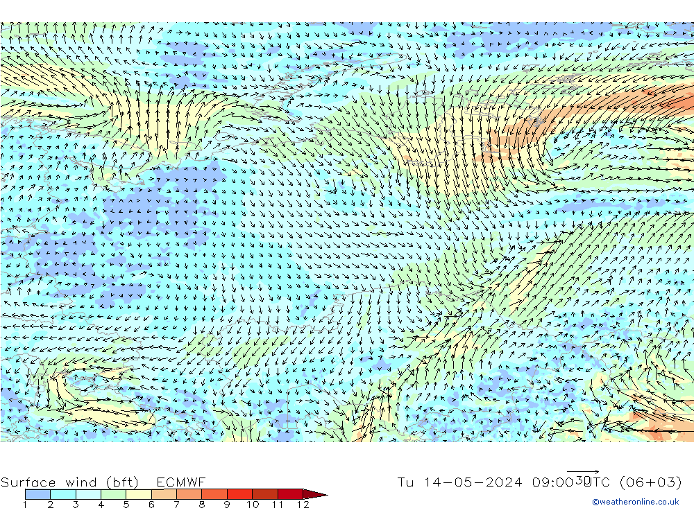 Surface wind (bft) ECMWF Tu 14.05.2024 09 UTC