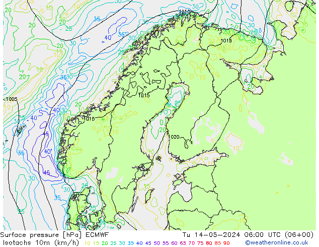 Isotachs (kph) ECMWF вт 14.05.2024 06 UTC