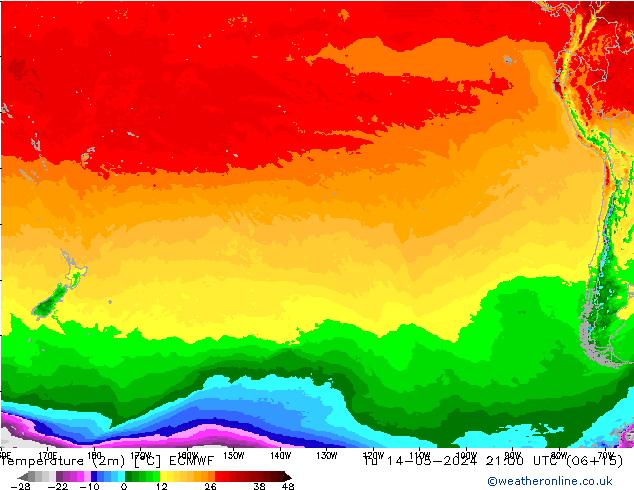 Temperatuurkaart (2m) ECMWF di 14.05.2024 21 UTC