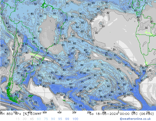Humidité rel. 850 hPa ECMWF sam 18.05.2024 00 UTC
