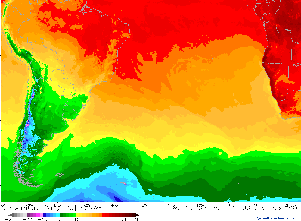mapa temperatury (2m) ECMWF śro. 15.05.2024 12 UTC