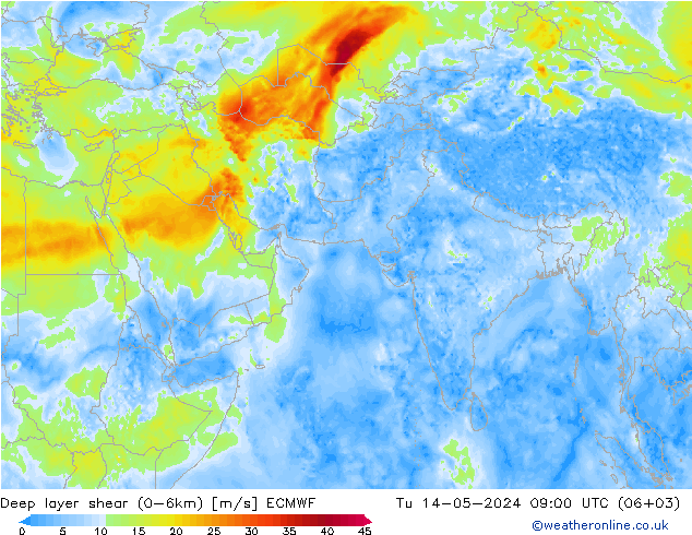 Deep layer shear (0-6km) ECMWF 星期二 14.05.2024 09 UTC